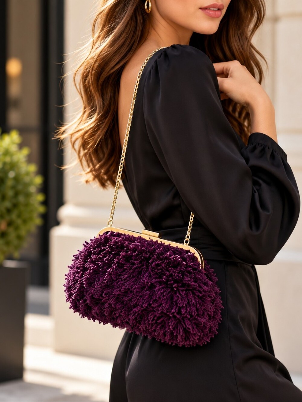 Zara Purple Fringe Clutch – Gold Frame & Chain Strap